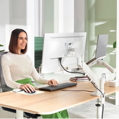 Suport pentru monitor Leitz Ergo, 2 brate ajustabile si extensibile, cu fixare pe birou, suport pentru laptop inclus, gri-carbune